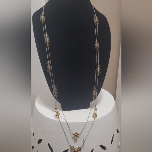 Two-strand Silver/Tan Crystal Bead Necklace. Extra Long 🌴 - Picture 2 of 10